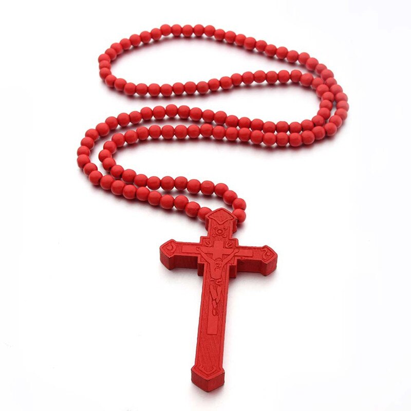 Heldig træ katolsk jesuskors med træperle udskåret rosenkrans vedhæng lang collier erklæring halskæde mænds smykker: Rød