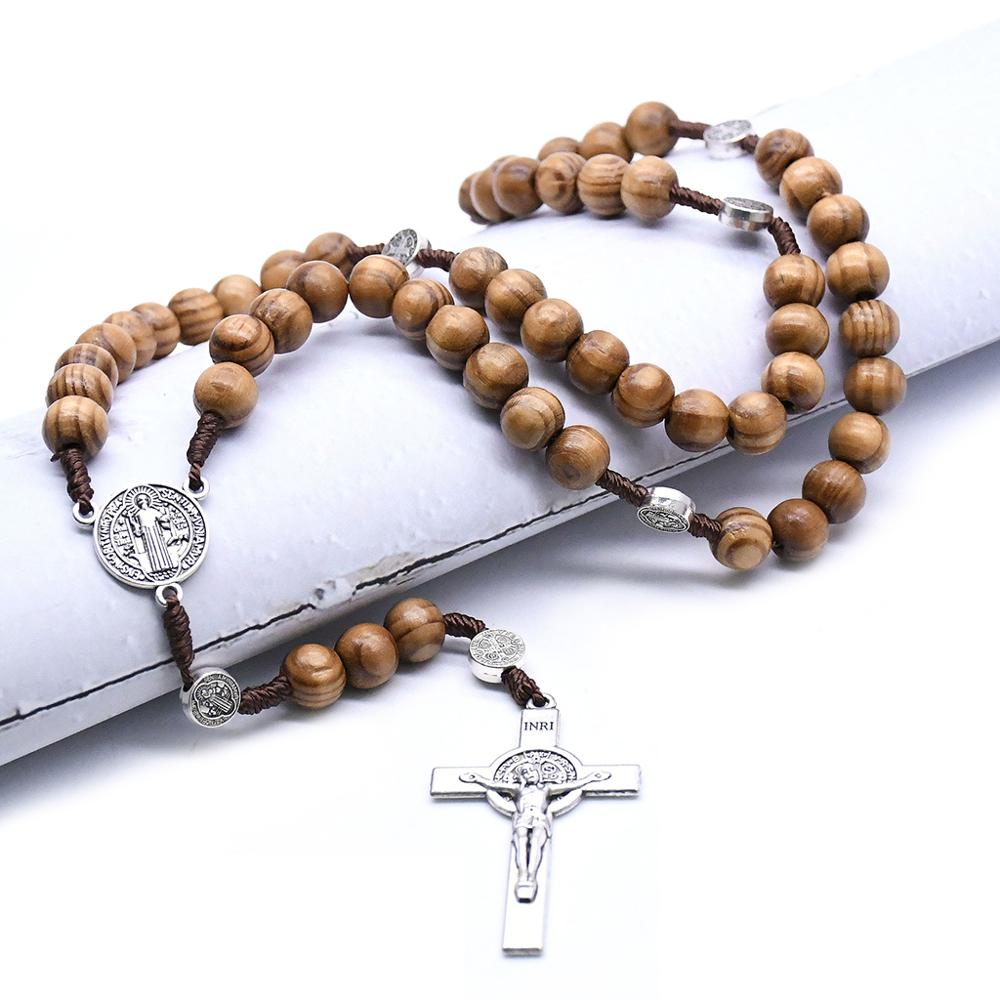 Handgemaakte Ronde Bead Katholieke Rozenkrans Kruis Religieuze Hout Kralen Mannen Ketting Charm