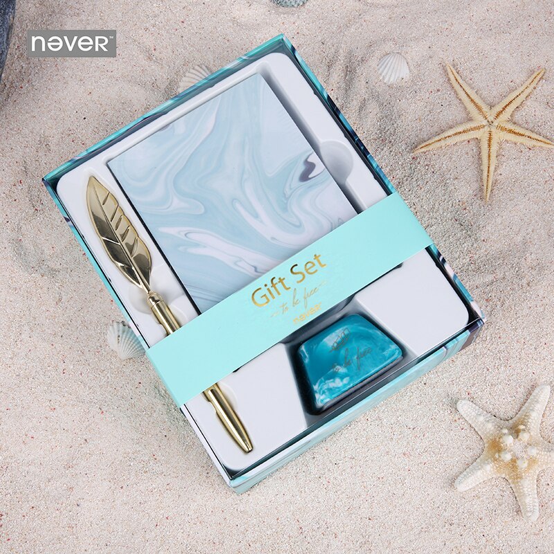 Lichtblauw Kantoorbenodigdheden Geschenkdoos Pen Houder Veer Metalen Pen Memo Note Combinatie Set Escolar Kit Escolar Briefpapier Set
