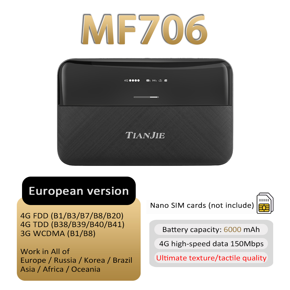 Tianjie  mf706 mifi z punktem dostępu wi-fi, kartą sim, mobilnym wi-fi ,6000 mah , 4g przenośnym routerem wi-fi o prędkości ,150 mb/s do podróży po całym świecie: Default Title