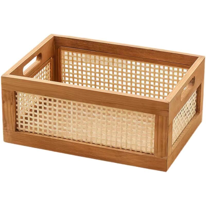Caja de almacenamiento Retro de madera maciza, cesta de mimbre para escritorio, libros, aperitivos, frutas, cosméticos, cajas organizadoras, cesta de cocina para el baño y el hogar: verde