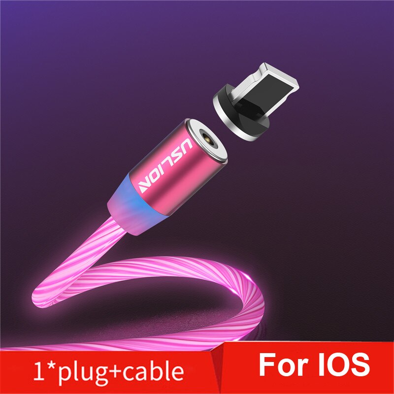 Cabo usb magnético de led uslion para celular, fio para carregador com micro usb tipo c para carregamento rápido para iphone samsung s10: Red For IOS