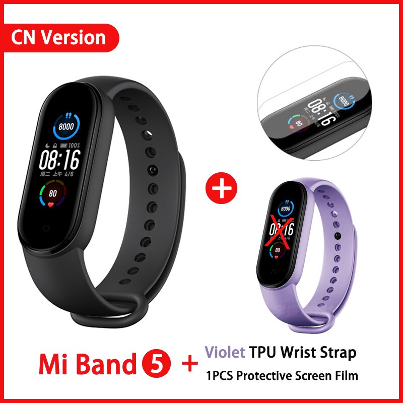 Xiaomi Mi Band 5 Smart Armband 4 Kleur Amoled Screen Miband 5 Smartband Fitness Traker Bluetooth Sport Waterdichte Slimme Band: CN add Purple film