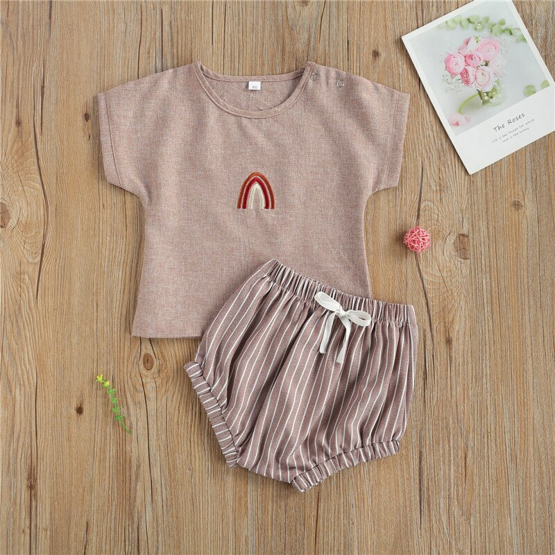 NOVEDAD DE VERANO bebé niños niñas ropa de algodón Pelele de lino ropa de estampado de arco iris camisetas a rayas monos trajes casuales conjunto