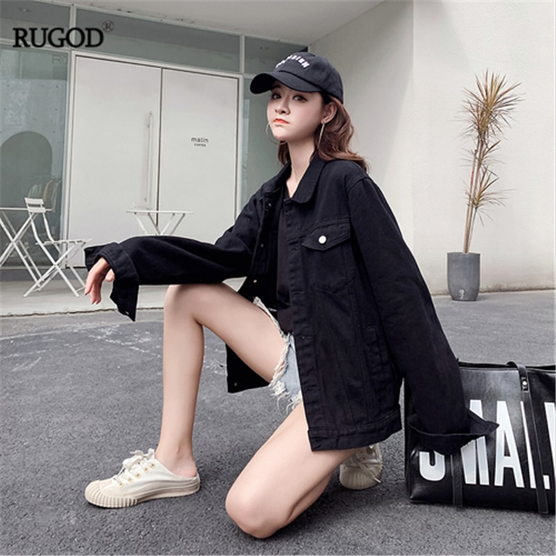RUGOD Autumn Women Black Denim Jacket Back Abstract Pattern And Letter Print Loose Slim Coat High Street Casual