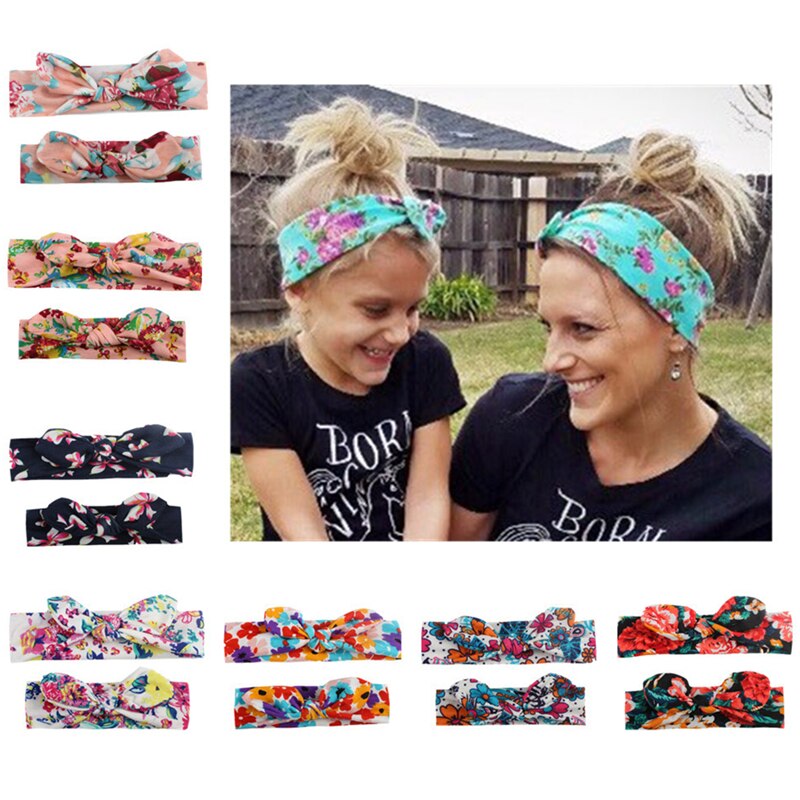 2 Pçs/set Mom &amp; Baby Headbands Turbante Bebê Mãe Filha Mãe Impressão Pai-Filho Orelhas de Coelho Hairband Floral Acessórios Para o Cabelo