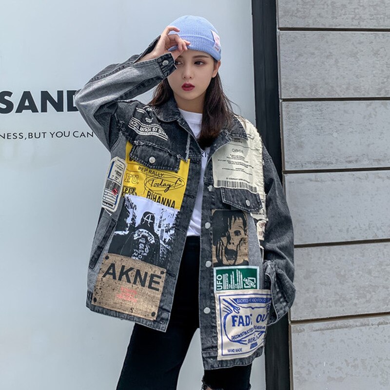 Harajuku Denim Coat Man Loose Hip Hop Single Breasted Lapel Denim Jacket Spring Autumn Couple Clothing: Black / L