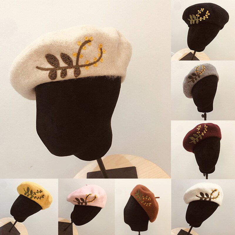 Klassieke Gebreide Warme Zachte Winter Baretten Geborduurde Bladeren Bloem Vrouwen Hoeden Wol Beanie Hoed Dames Franse Hoed 9 kleur