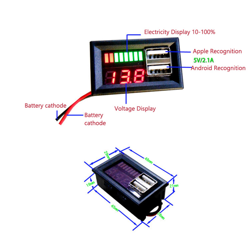 Multifunktionel 12v ledet blysyre batterikapacitet indikator spændingsmåler bil strøm spænding displayer dobbelt usb oplader 5v 2a