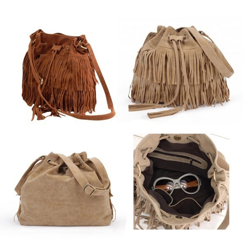 Vintage Women Tassel Bucket Bag Handbags Women Shoulder Bags Girls Drawstring Messenger Crossbody Bag