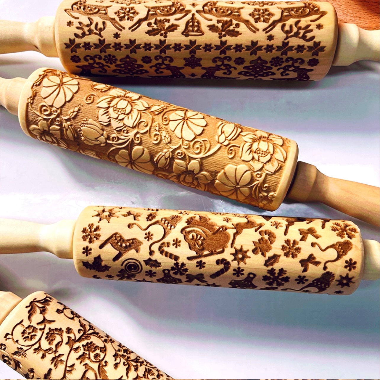 Christmas Embossing Rolling Pins With Patterns Wooden Roller Baking Embossed Cookies kitchen tools elk Snowflak