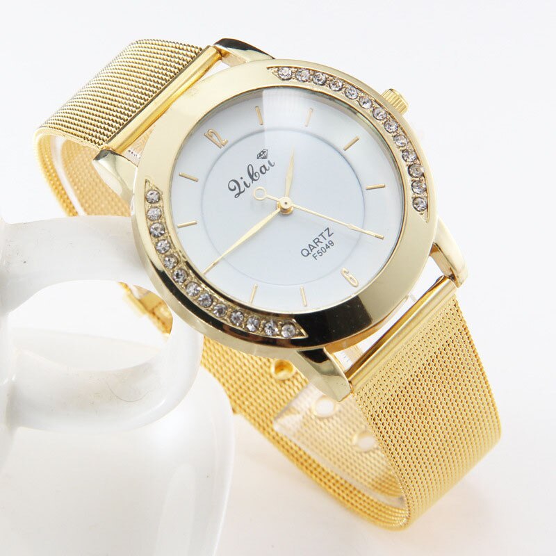 Horloge Vrouwen Crystal Golden Rvs Analoge Quartz Horloge Goud Zilver Horloge Kol Saatleri: A