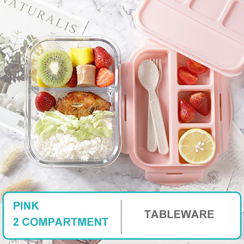 ONEUP Lunch Box For Kids Glass Microwave Bento Box Food Container With Compartment Storage School Leakproof Kitchen Comida: Pink 2 compartment / 1000ml