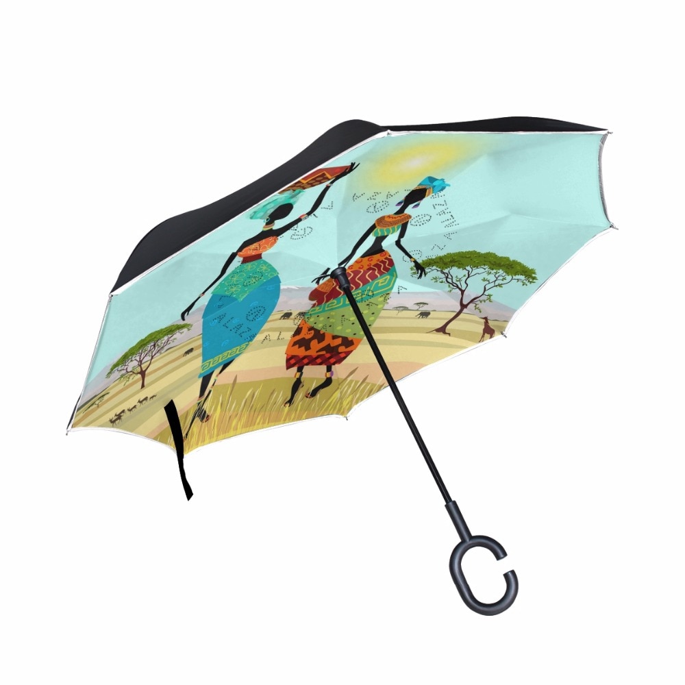 Sombrillas invertidas de doble capa reversible a prueba de viento para mujer africanas con soporte autónomo y protección solar contra la lluvia c-hook para coche