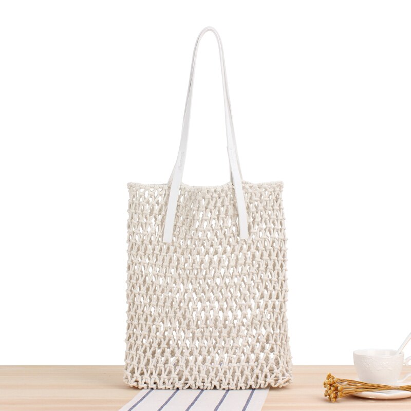 casual hollow rope woven large capacity totes candy color rattan women shoulder messenger bags summer beach handbags lady purses: beige