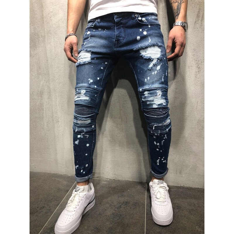 Plus Size Men Paint Point Ankle Zipper Skinny Denim Long Pants Hole Hip Hop Stretch Destroyed Ripped Jeans