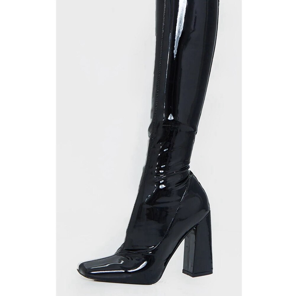 DoraTasia grande taille 35-43 dame épaisse haute sur le genou bottes Zip bout carré cuissardes femmes en cuir verni femme chaussures