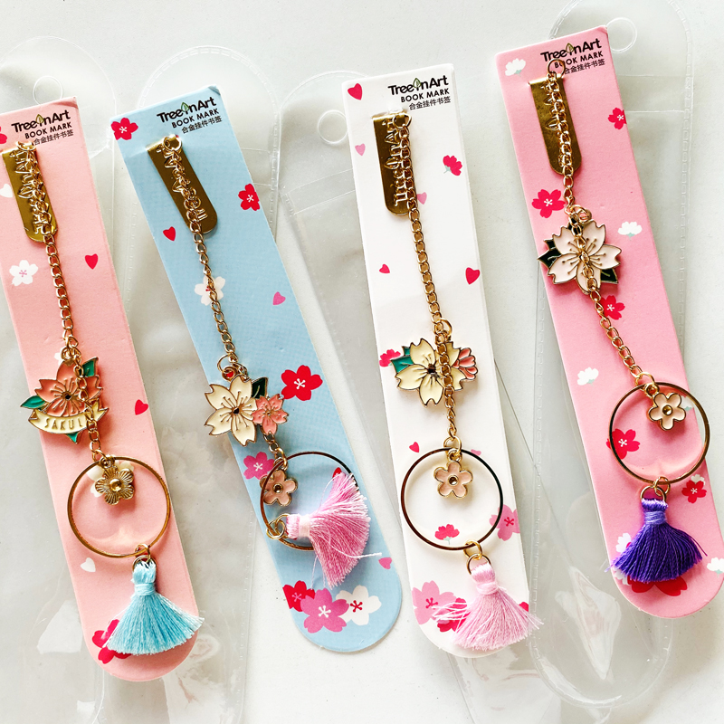 1PC Kawaii Bloem Sakura met Kwastje Metalen Ketting Hanger Bookmark Marker van Pagina School Office Supply Student Briefpapier