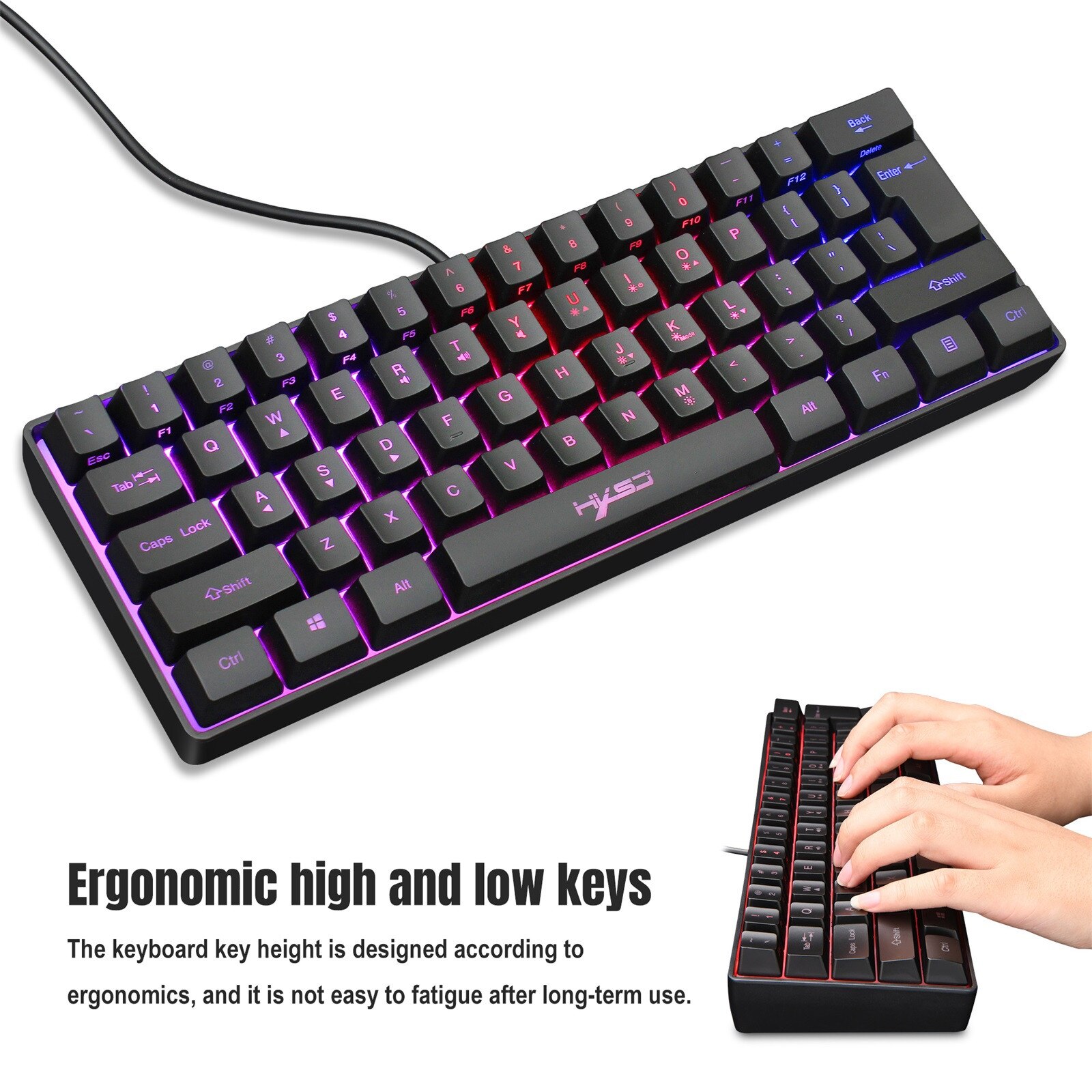 Klawiatura podświetlana klawiatura mechaniczna Gaming 61 klawiszy podświetlana ergonomiczna klawiatura na kabel USB pojedyncza lampa oddychanie na PC