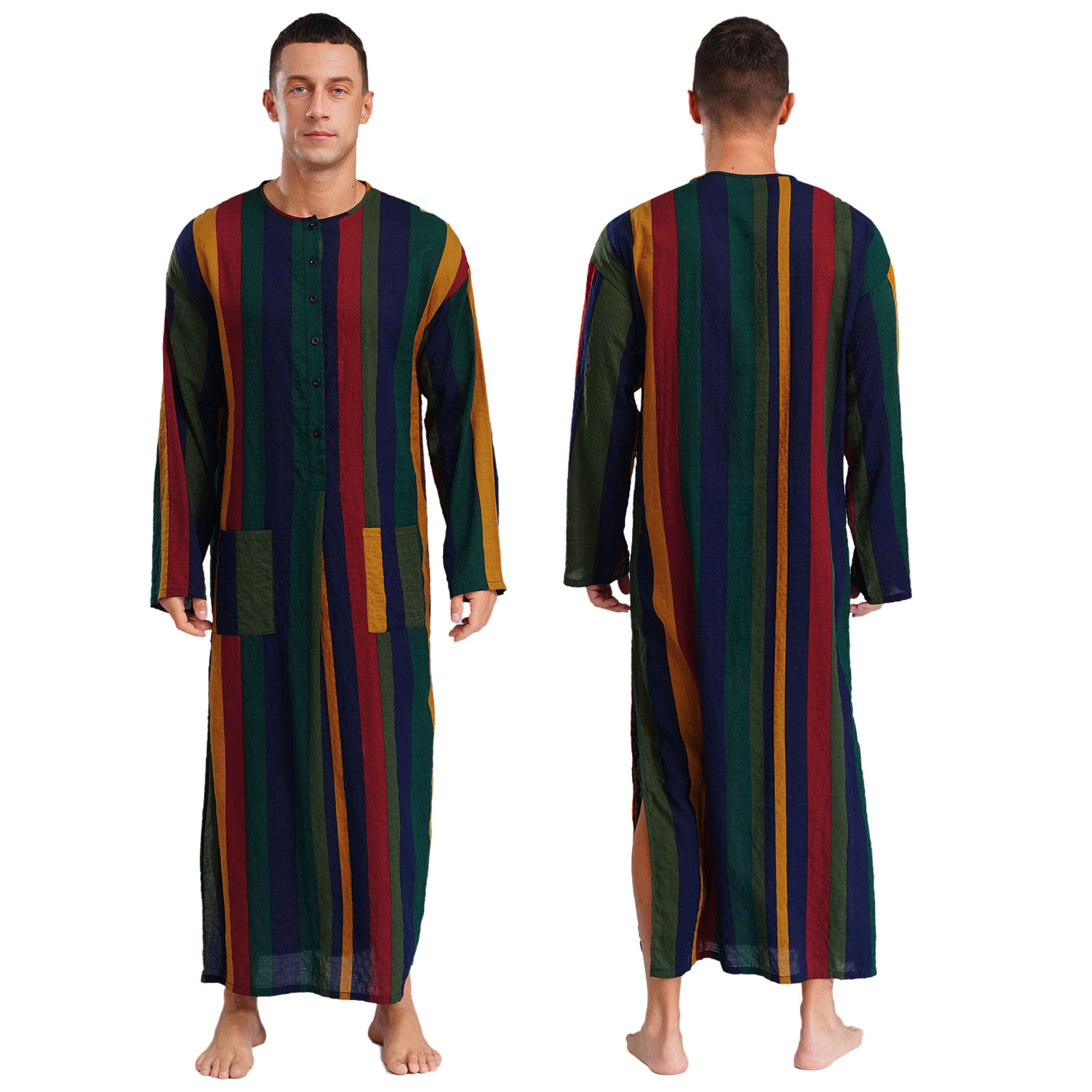 Mannen losse jurk Midden-Oosten Islam Moslim Thobe Ronde Hals Lange Mouw Streep Lange Jurk Knoppen Arabische Jubba Thobe Shirt Jurken: 5XL / Black