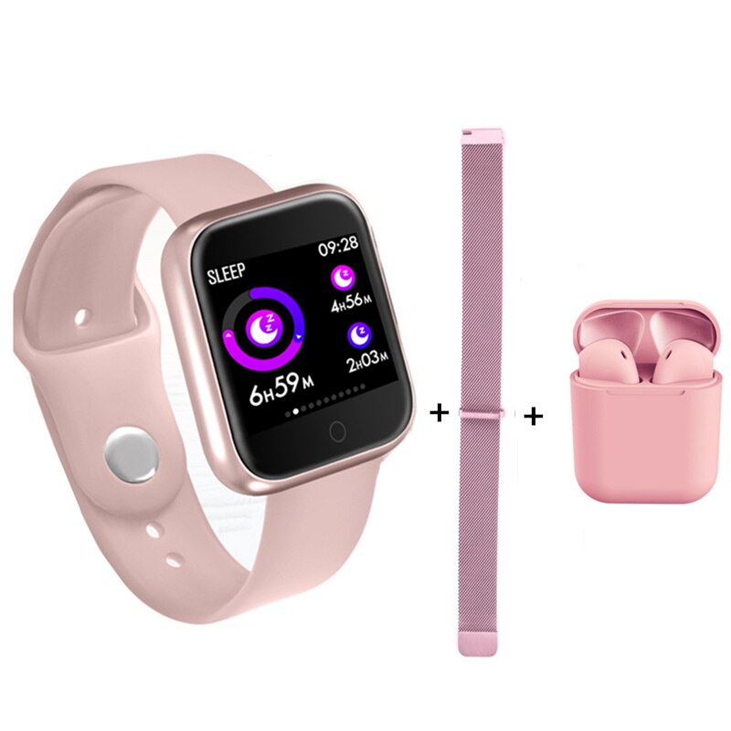 Smart ur p70+ øretelefon + rem / sæt vandtæt ip68 smartwatch p70 pro sports fitness tracker puls blodtryk vs b57: Lyserødt smart ur
