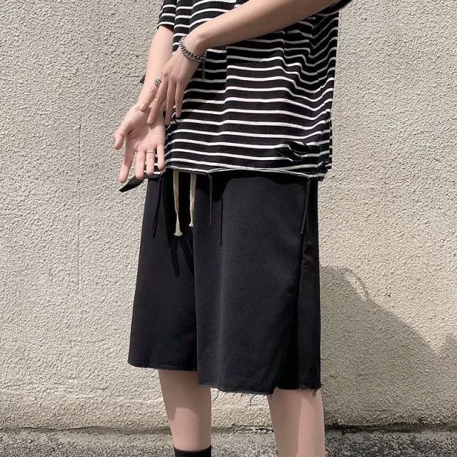 Denim shorts men's summer thin loose wide leg straight tube trend Korean style high street style pants: Yq Dk07 Shorts Black / S