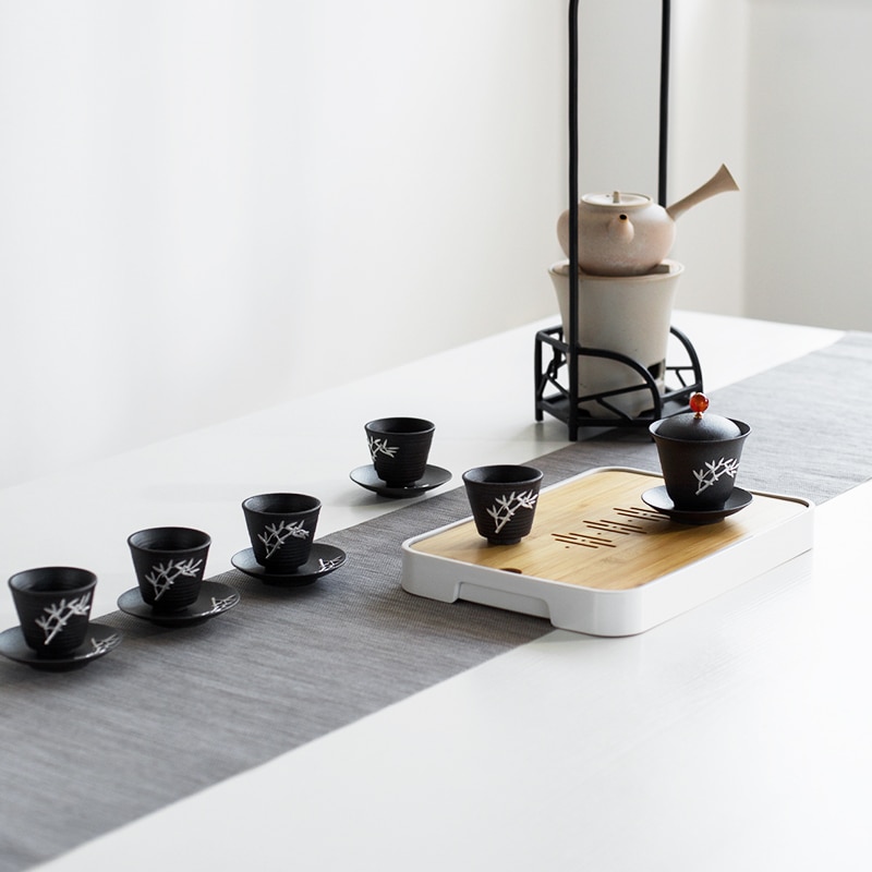 130ml japansk stil vintage gaiwan keramik svart grov keramik silverinläggning teskål med lock fat kit hem dryck