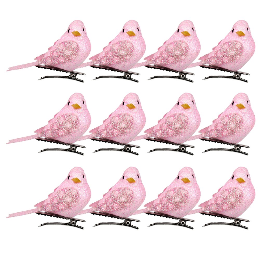 Paquete de 12 pájaros artificiales en Clips, pájaros de espuma con plumas para manualidades DIY, adornos de jardín al aire libre, decoraciones para fiestas en casa: Pink