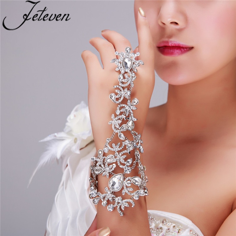 Clear Crystal Bridal Ring Bracelet Luxury Tear Rhinetone Chain Link Bangle Finger Ring Wraps Slave Bracelet Wedding Jewelry
