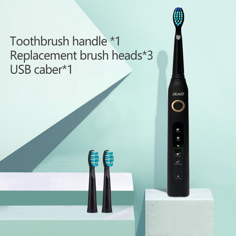 SEAGO Sonic Electric Toothbrush Adults Timer 5 Modes USB Rechargeable Tooth Brush Replacement Brush Head Nozzles Box SG-507: black