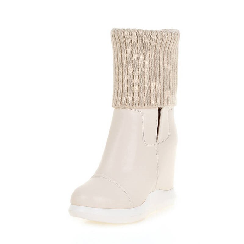 Morazora stil rund tå midt læg støvler kvinder slip on stretch støvler komfortable kiler sko kvinde efterår vinter støvler: Beige / 3