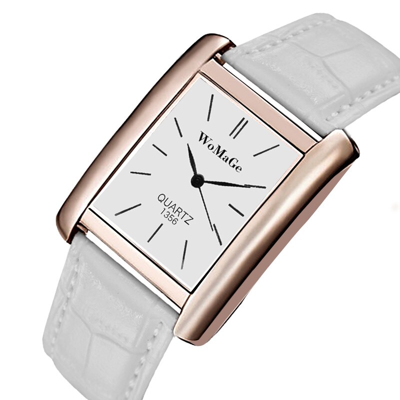Womage kvinders ure top brand luksus damer ur kvinder ure læderrem kvinders rektangel ur ur reloj mujer: Hvid 2