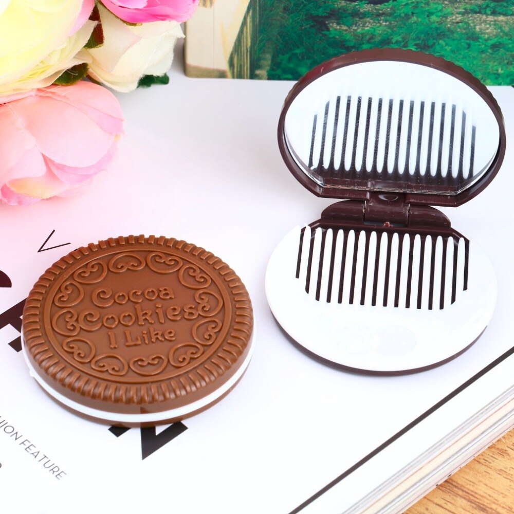 Leuke Chocolade Cookie Vormige Make-Up Spiegel Met Kam Lady Vrouwen Make-Up Tool Pocket Spiegel Home Office Gebruik
