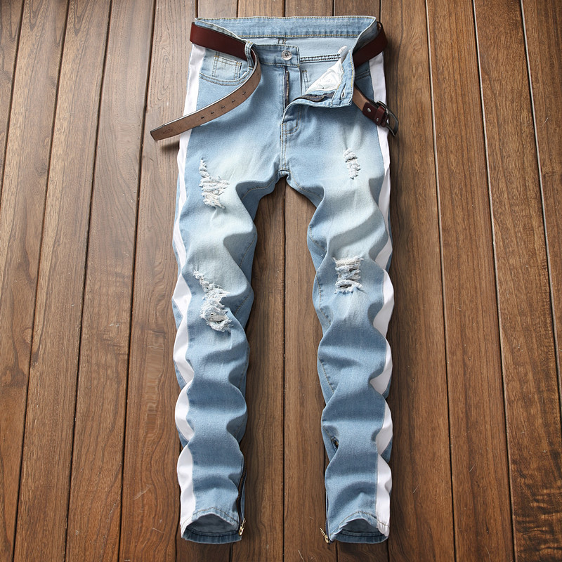 Mænd stretch jeans side stribe biker jeans denim revet knæ huller slim aftensmad skinny hip hop jeans mænd