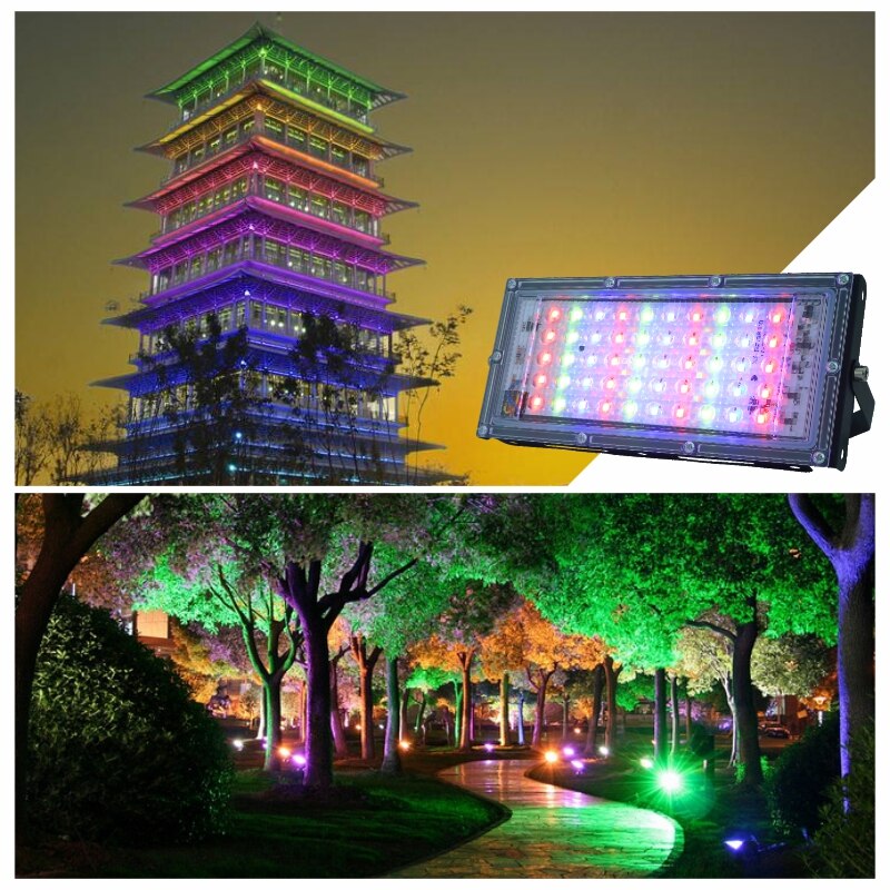 2 stk/parti 50w ledet rgb flomlys lampe  ac 220v utendørs flomlys  ip65 vanntett reflektor ledet få øye på med fjernkontroll