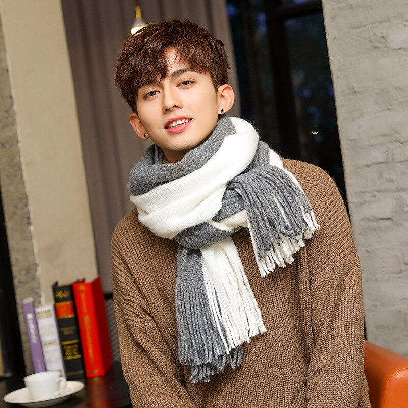 Pañuelo y grueso para hombre, bufanda de lana tejida, para estudiantes jóvenes, color azul marino, vino tinto, invierno,