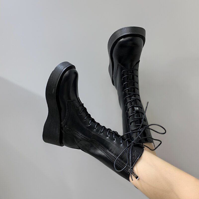 Botas para mujer de punta redonda con cordones, zapatos de otoño, calzado de invierno, Lolita, goma, media pantorrilla, Rock, Roma,