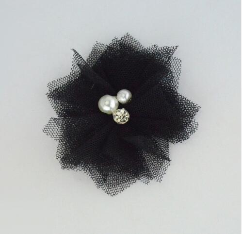 10 stks/partij 2.5 ''Mini Tulle Mesh Bloemen Met Strass Pearl Center Poof Bloemen Hoofdband Haar Accessoires: 12 black
