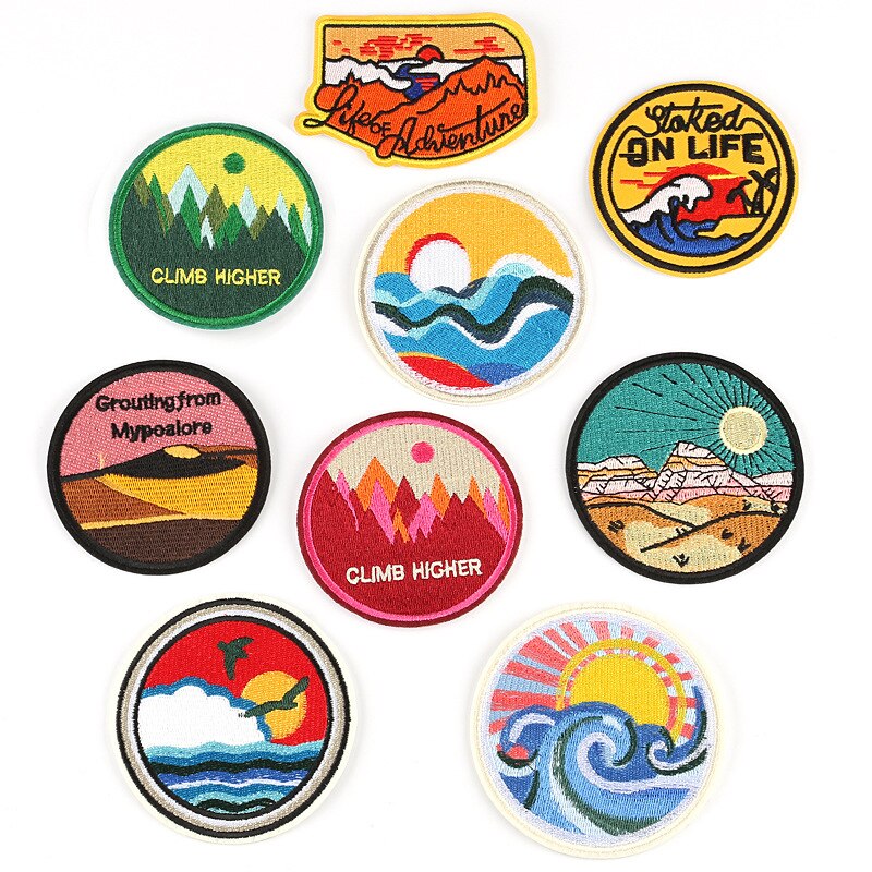 Computer Embroidered Cloth Paste Colorful Scenery Style Mountain Sea Sunrise Desert Beach Clothing Patch