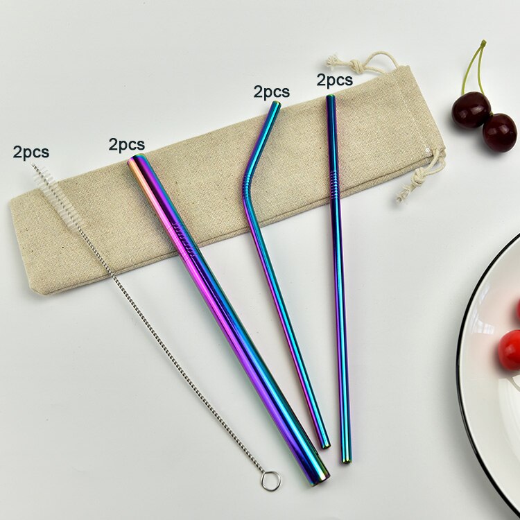 Reusable Metal Drinking Straw 304 Stainless Steel Colorful Straws Bent Straw Set With Cleaner Brush Bar Party Accessory: Rainbow