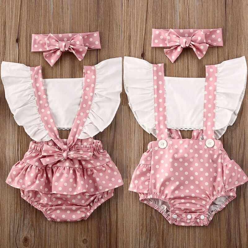 Baby Zomer Kleding Peuter Baby Meisje Dots Ruffle Backless Playsuit Bodysuit Hoofdband Outfits Set Patchwork Sunsuits