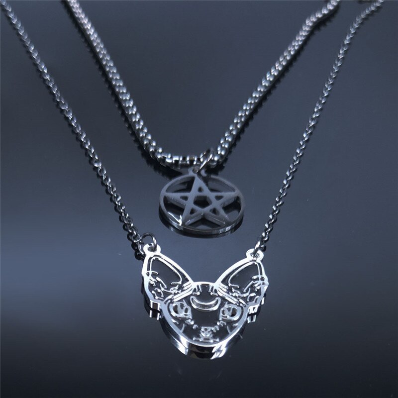 AFAWA Hexerei Pentagramm unbehaart Katze Edelstahl geschichtet Halskette Frauen Schwarz Farbe Halskette Schmuck gargantilla N3752S02