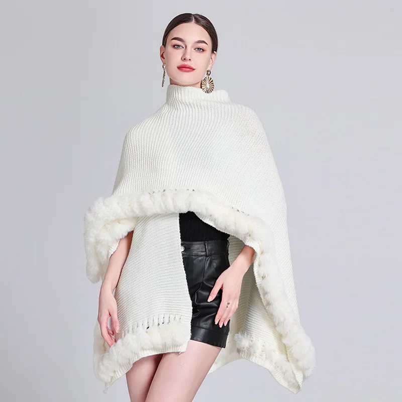 Herfst Winter Warme Oversized Lange Poncho Capes Koord Faux Bont Uitgehold Gebreide Outstreet Sjaal Mantel Vrouwen Dragen Losse Jas