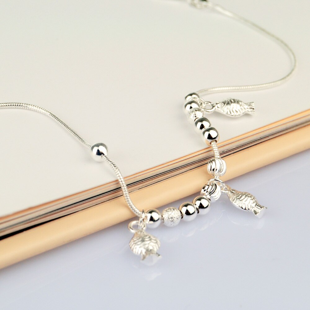 Zomer Vrouwen Pure 925 Zilveren Enkelbandje Charm Fish Hanger Snake Chain 20-28Cm Enkelband Sandalen Sieraden karabijn