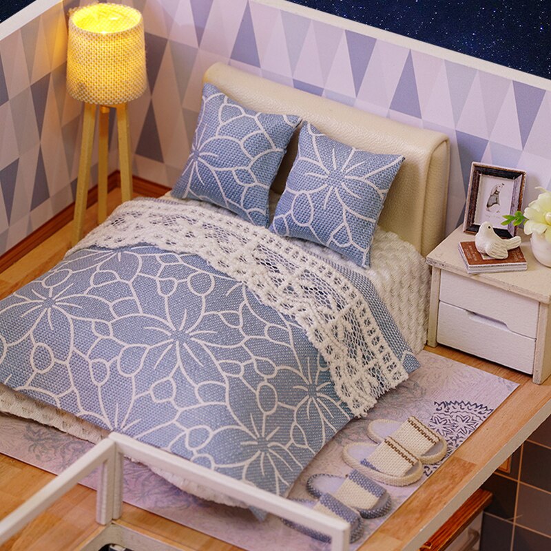 CuteRoom Blau Zeit Puppe Haus DIY Miniatur Mit Möbel Musik Licht Abdeckung Miniatur Modell Dekor Baby Liebe Spielzeug