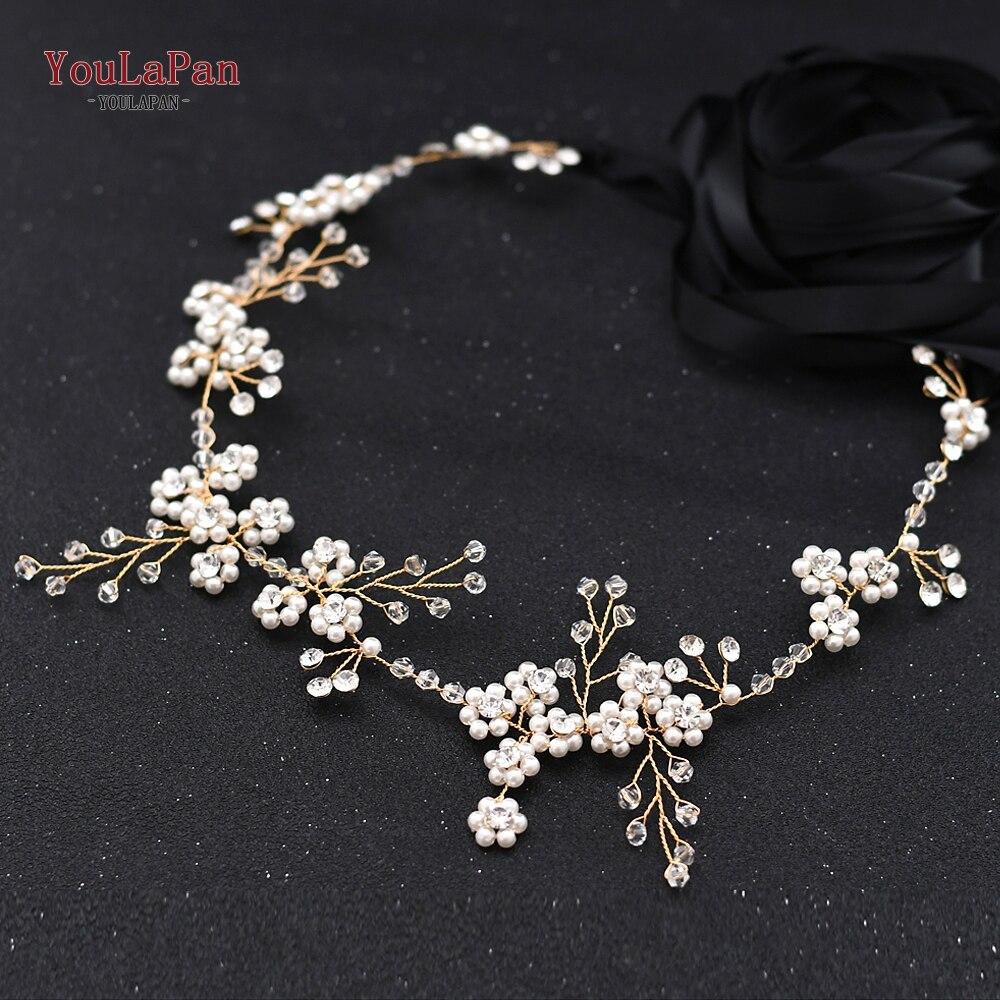 TOPQUEEN SH129 Goldene Hochzeit Kleider Gürtel Womens Perle Gürtel Kristall Braut Schärpe Hochzeit Gold Gürtel mit Perlen Dünne Braut Gürtel: Schwarz Schleife