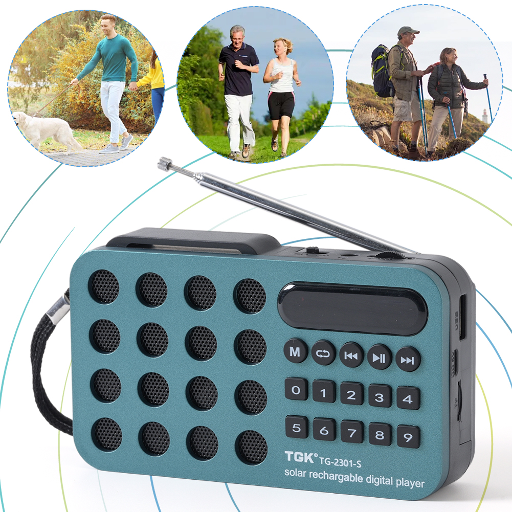 Mini bærbar lommeradio med fm-radio, bluetooth-kompatibel, solcelledrevet/genopladelig, batteridrevet, nødradio med  mp3 afspillere