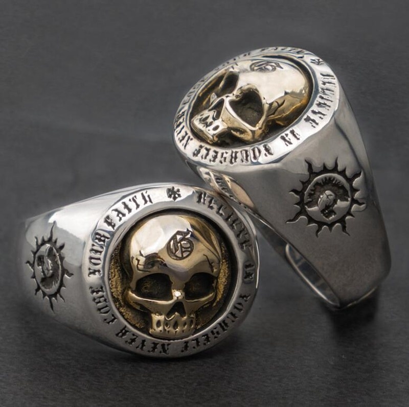 Men's 925 Sterling Silver 18K Gold Top Gold Color Biker Ring Unique Hip Hop Punk Viking Skull Jewelry