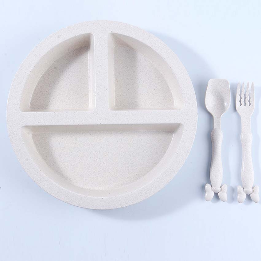 3Pcs Baby Feeding Dishes Set Bowl Plate Forks Spoon Kids Dinnerware Wheat Fiber Children's Tableware BPA free Eco Friendly: Beige Smile Set