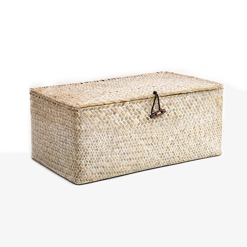 Rectangular Weaved Storage Box with Lid Rattan Storage Baskets Home Bathroom Sundries Laundry Toys Clothes Storage Organizer: White color / XL-29x19x12cm